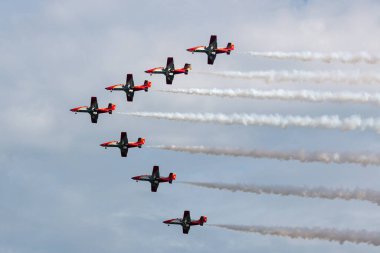 Payerne, İsviçre - 29 Ağustos 2014: İspanyol Hava Kuvvetleri (Ejercito del Aire) CASA C-101EB Aviojet jet eğitim uçağı Patrulla Aguila formasyon akrobatik ekran takımı.