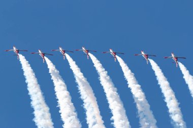 Payerne, Switzerland - August 30, 2014: Spanish Air Force (Ejercito del Aire) CASA C-101EB Aviojet jet trainer aircraft of the Patrulla Aguila formation aerobatic display team.