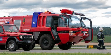 Payerne, Switzerland - August 31, 2014: Rosenbauer airport fire engine from Geneva Airport.