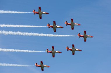 Payerne, Switzerland - August 30, 2014: Spanish Air Force (Ejercito del Aire) CASA C-101EB Aviojet jet trainer aircraft of the Patrulla Aguila formation aerobatic display team.