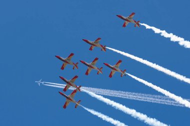 Payerne, Switzerland - August 30, 2014: Spanish Air Force (Ejercito del Aire) CASA C-101EB Aviojet jet trainer aircraft of the Patrulla Aguila formation aerobatic display team.