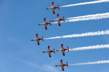 Payerne, Switzerland - August 30, 2014: Spanish Air Force (Ejercito del Aire) CASA C-101EB Aviojet jet trainer aircraft of the Patrulla Aguila formation aerobatic display team.