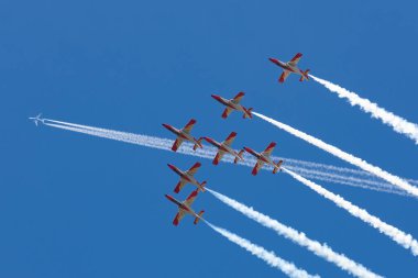 Payerne, Switzerland - August 30, 2014: Spanish Air Force (Ejercito del Aire) CASA C-101EB Aviojet jet trainer aircraft of the Patrulla Aguila formation aerobatic display team.