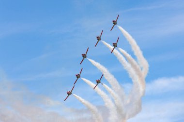 Payerne, Switzerland - August 30, 2014: Spanish Air Force (Ejercito del Aire) CASA C-101EB Aviojet jet trainer aircraft of the Patrulla Aguila formation aerobatic display team.