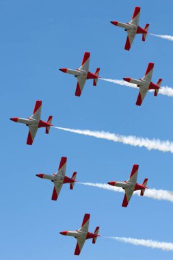 Payerne, Switzerland - August 30, 2014: Spanish Air Force (Ejercito del Aire) CASA C-101EB Aviojet jet trainer aircraft of the Patrulla Aguila formation aerobatic display team.