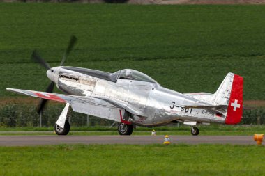 Payerne, Switzerland - August 31, 2014: 1944 North American P-51D Mustang fighter aircraft Moonbeam McSwine F-AZXS.