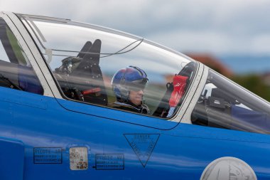 Payerne, Switzerland - August 31, 2014: Patrouille de France, the aerobatic display team of the French Air Force (Armee de lAir) flying Dassault-Dornier Alpha Jet E jet trainer aircraft. 