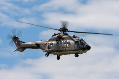 Payerne, Switzerland - September 1, 2014: Swiss Air Force Aerospatiale AS532 (TH98) military utility helicopter T-340.