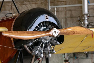 Payerne, Switzerland - September 3, 2014: Rotec radial engine with polished wooden propeller on Morane-Saulnier type G replica F-PMSG.