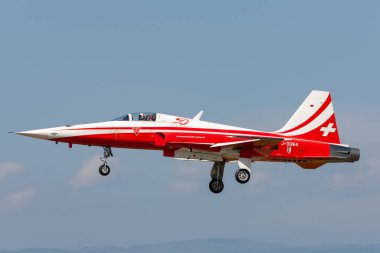 Payerne, Switzerland - September 4, 2014: Northrop F-5E fighter aircraft from the Swiss Air Force formation display team Patrouille Suisse.