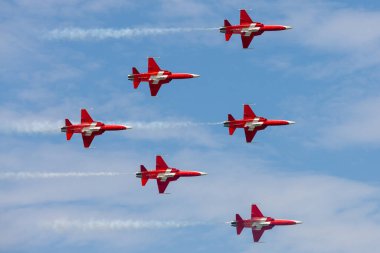 Payerne, Switzerland - September 7, 2014: Patrouille Suisse formation display team of the Swiss Air Force flying Northrop F-5E fighter aircraft.