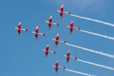 Payerne, Switzerland - September 7, 2014: Swiss Air Force PC-7 display team flying Pilatus PC-7 trainer aircraft.