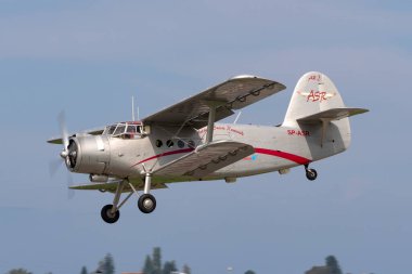 Payerne, Switzerland - September 4, 2014: Antonov An-2 (PZL-Mielec AN-2) transport aircraft SP-ASR on approach to land.
