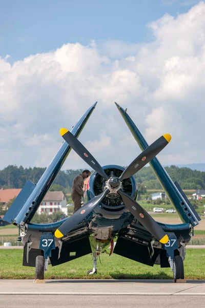 Payerne, Switzerland - September 7, 2014: Vought F4U-4 Corsair world war II vintage fighter aircraft OE-EAS from The Flying Bulls Collection.