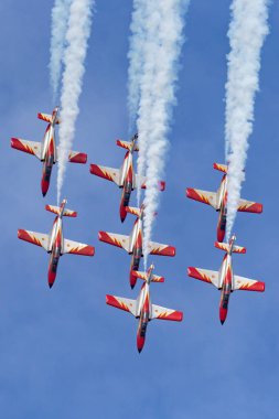 Payerne, İsviçre - 29 Ağustos 2014: İspanyol Hava Kuvvetleri (Ejercito del Aire) CASA C-101EB Aviojet jet eğitim uçağı Patrulla Aguila formasyon akrobatik ekran takımı.