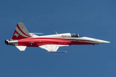 Payerne, Switzerland - September 4, 2014: Northrop F-5E fighter aircraft from the Swiss Air Force formation display team Patrouille Suisse.