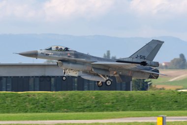 Payerne, Switzerland - September 5, 2014: Royal Netherlands Air Force (Koninklijke Luchtmacht) General Dynamics F-16AM Fighting Falcon military jet aircraft.
