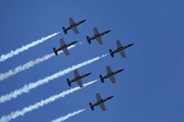 Payerne, Switzerland - September 5, 2014: Breitling Jet Team Aero L-39C Albatross jet trainer aircraft flying in formation.