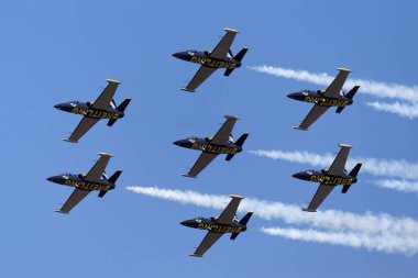 Payerne, Switzerland - September 5, 2014: Breitling Jet Team Aero L-39C Albatross jet trainer aircraft flying in formation.