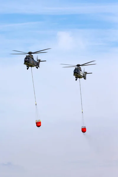 2014年9月5日 瑞士佩恩 瑞士空军As332 Th89 军用通用直升机T 320和T 316 配有竹桶 用于空中消防 — 图库照片
