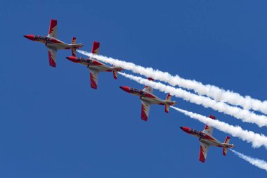 Payerne, Switzerland - August 30, 2014: Spanish Air Force (Ejercito del Aire) CASA C-101EB Aviojet jet trainer aircraft of the Patrulla Aguila formation aerobatic display team.