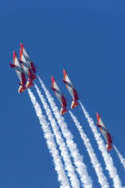 Payerne, Switzerland - August 30, 2014: Spanish Air Force (Ejercito del Aire) CASA C-101EB Aviojet jet trainer aircraft of the Patrulla Aguila formation aerobatic display team.