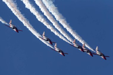 Payerne, Switzerland - August 30, 2014: Spanish Air Force (Ejercito del Aire) CASA C-101EB Aviojet jet trainer aircraft of the Patrulla Aguila formation aerobatic display team.