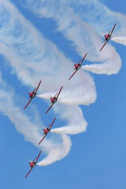 Payerne, Switzerland - August 30, 2014: Spanish Air Force (Ejercito del Aire) CASA C-101EB Aviojet jet trainer aircraft of the Patrulla Aguila formation aerobatic display team.
