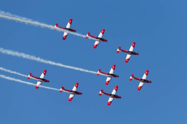 Payerne, Switzerland - August 31, 2014: Swiss Air Force PC-7 display team flying Pilatus PC-7 trainer aircraft.