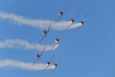 Payerne, Switzerland - August 31, 2014: Swiss Air Force PC-7 display team flying Pilatus PC-7 trainer aircraft.
