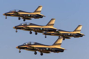 Payerne, İsviçre - 6 Eylül 2014: Birleşik Arap Emirlikleri Hava Kuvvetleri 'nden Al Fursan Aerobatik takımı Aermacchi MB-339 jet eğitim uçağı.