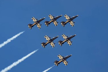 Payerne, İsviçre - 6 Eylül 2014: Birleşik Arap Emirlikleri Hava Kuvvetleri 'nden Al Fursan Aerobatik takımı Aermacchi MB-339 jet eğitim uçağı.