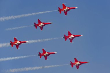 Payerne, İsviçre - 6 Eylül 2014: Patrouille Suisse hava kuvvetleri Northrop F-5E savaş uçağı uçuş ekibi.