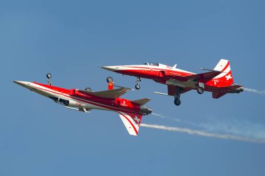 Payerne, İsviçre - 6 Eylül 2014: İsviçre Hava Kuvvetleri ekran ekibi Patrouille Suisse 'den Northrop F-5E savaş uçağı.