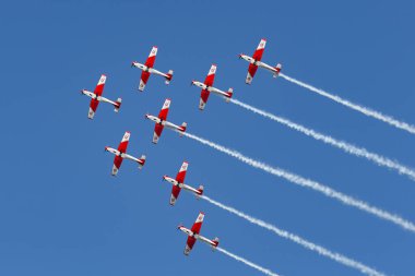 Payerne, Switzerland - September 7, 2014: Swiss Air Force PC-7 display team flying Pilatus PC-7 trainer aircraft.