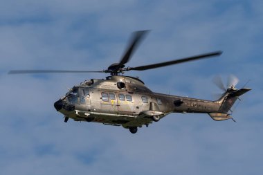 Payerne, Switzerland - September 7, 2014: Swiss Air Force Aerospatiale AS532 (TH98) military utility helicopter T-340.