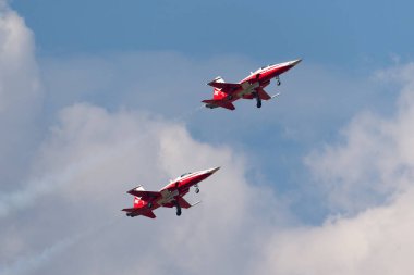 Payerne, İsviçre - 7 Eylül 2014: İsviçre Hava Kuvvetleri ekran ekibi Patrouille Suisse 'den Northrop F-5E savaş uçağı.