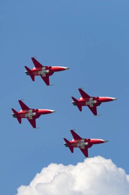 Payerne, Switzerland - September 7, 2014: Patrouille Suisse formation display team of the Swiss Air Force flying Northrop F-5E fighter aircraft.