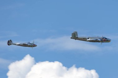 Payerne, İsviçre - 7 Eylül 2014: İkinci Dünya Savaşı klasik Kuzey Amerika B-25 Mitchell Bombacısı uçağı The Flying Bulls tarafından işletiliyor.