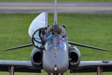 Payerne, Switzerland - September 1, 2014: Finnish Air Force British Aerospace Hawk Mk 51 jet trainer aircraft from the Midnight Hawks display team.