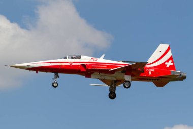 RAF Fairford, Gloucestershire, İngiltere - 10 Temmuz 2014: İsviçre Hava Kuvvetleri gösteri ekibi Patrouille Suisse 'den Northrop F-5E avcı uçağı.