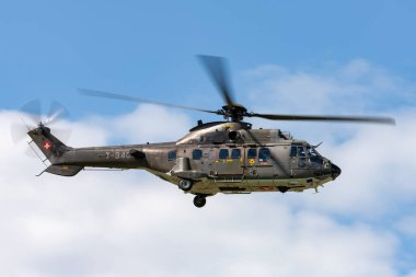 Payerne, Switzerland - September 1, 2014: Swiss Air Force Aerospatiale AS532 (TH98) military utility helicopter T-340.