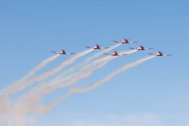 Temora, Avustralya - 2 Kasım 2013: Royal Australian Air Force (RAAF) Roulettes formasyon akrobatik ekran ekibi Pilatus P-9A askeri eğitim uçağı.