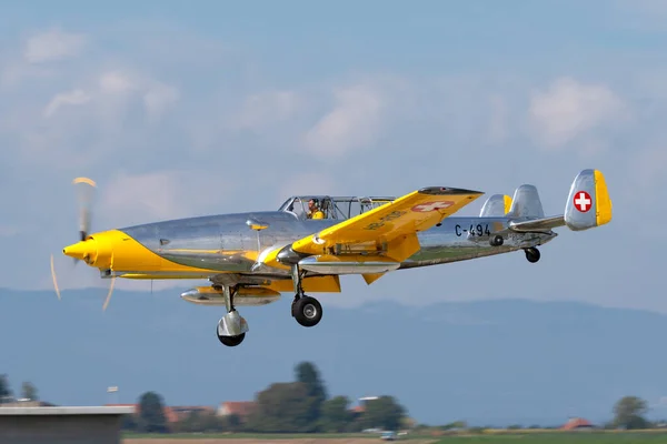 Payerne, Switzerland - September 4, 2014: Former Swiss Air Force F+W C-3605 Schlepp target towing aircraft HB-RDB used to train pilots in aerial gunnery.