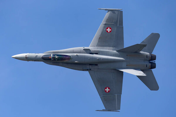 Payerne, Switzerland - September 4, 2014: Swiss Air Force McDonnell Douglas F/A-18C Hornet multirole fighter aircraft.