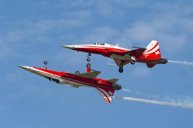 Payerne, İsviçre - 7 Eylül 2014: İsviçre Hava Kuvvetleri ekran ekibi Patrouille Suisse 'den Northrop F-5E savaş uçağı.