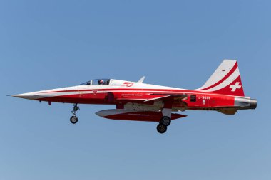 RAF Fairford, Gloucestershire, İngiltere - 10 Temmuz 2014: İsviçre Hava Kuvvetleri gösteri ekibi Patrouille Suisse 'den Northrop F-5E avcı uçağı.