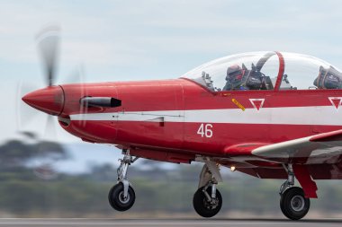 Avalon, Avustralya - 27 Şubat 2015: Pilatus PC-9A Trainer uçağı Avustralya Kraliyet Hava Kuvvetleri 'nden (RAAF) A23-046.