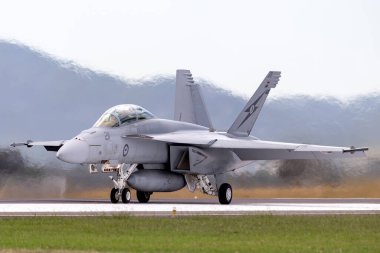 Avalon, Avustralya - 27 Şubat 2015: Royal Australian Air Force (RAAF) Boeing F / A-18F Super Hornet multirole savaş uçağı A44-211 Queensland, RAAF Amberley.