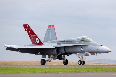 Avalon, Avustralya - 28 Şubat 2015: Kraliyet Avustralya Hava Kuvvetleri (RAAF) McDonnell Douglas F / A-18A Yaban Arısı savaş uçağı A21-35 ve RAAF tarafından yapılan F / A-18 operasyonlarının 30. yıldönümü anısına özel olarak işaretlenmiş bir kuyruğu vardır..